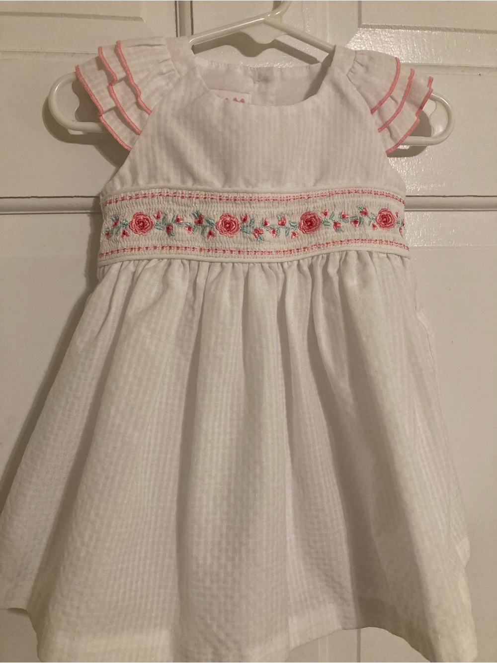 Bonnie Baby White Smocked Dress with Pink Floral Embroidery